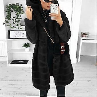 Abrigo de piel sintética de manga larga para mujer con bolsillos, chaqueta de invierno abierta, color negro, ideal para climas fríos.