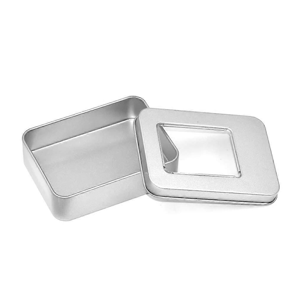 Rectangular Metal Tin Box with Clear HalfWindow Lid, Small Storage Container for Organizing Items