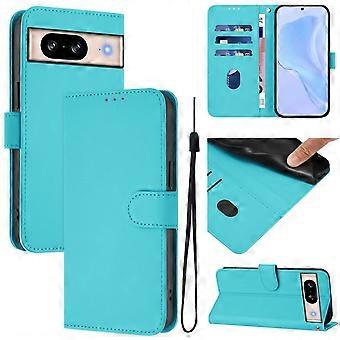 Étui portefeuille compatible avec Google Pixel 8 – Étui à rabat magnétique en cuir PU, 3 emplacements pour cartes et dragonne, bleu lac