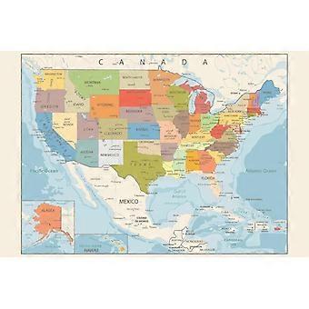 Retro-Farbkarte der Vereinigten Staaten von Amerika (USA) 2025, aktualisiert mit Golf von Amerika und Mount McKinley – Coole Holzpuzzles