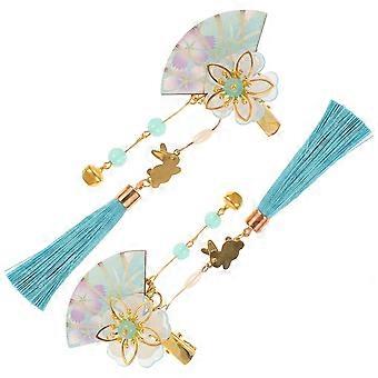 2pcs Japanese Hair Clip Flower Fan Shaped Hair Clip Tassel Bell Hairpin Kimono Headdress