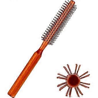 Small round comb with wooden handle for blow-drying hair; nylon bristle curling brush for wet hair, bangs, beard styling, and lifting.