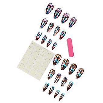 Western Colourful Feather Press-On Nails, 24 pcs Almond False Nail Tips with Glue for Everyday and Party Wear