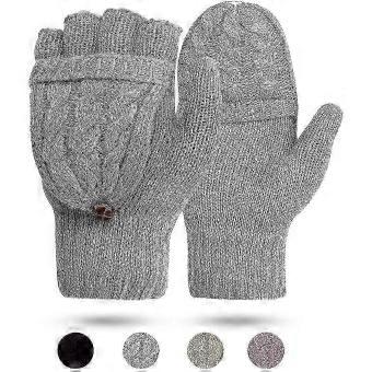 Winter Warm Knit Fingerless Mittens for Women - Ladies Wool Gloves with Flap Cover, Perfect for Texting, Gray