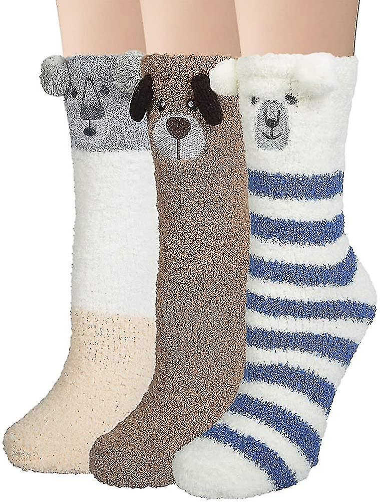 3 Paires Femmes Soft Fluffy Slipper Chaussettes Hiver Rose Chaud Mignon Animal Chaussettes