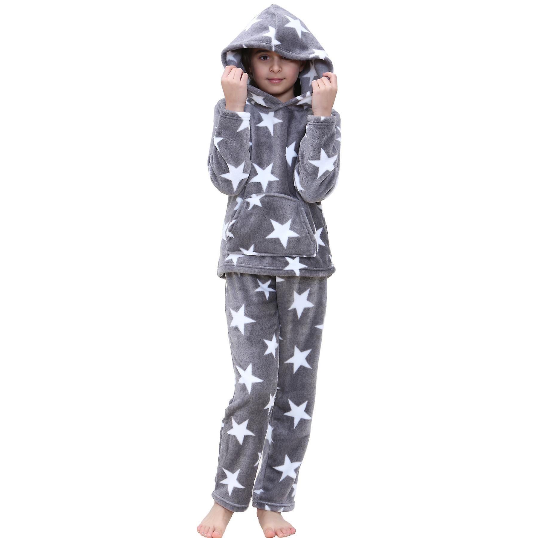 Kids Girls Stars Print Grey Pyjama Extra Soft Flannel Fleece Hooded PJS Set