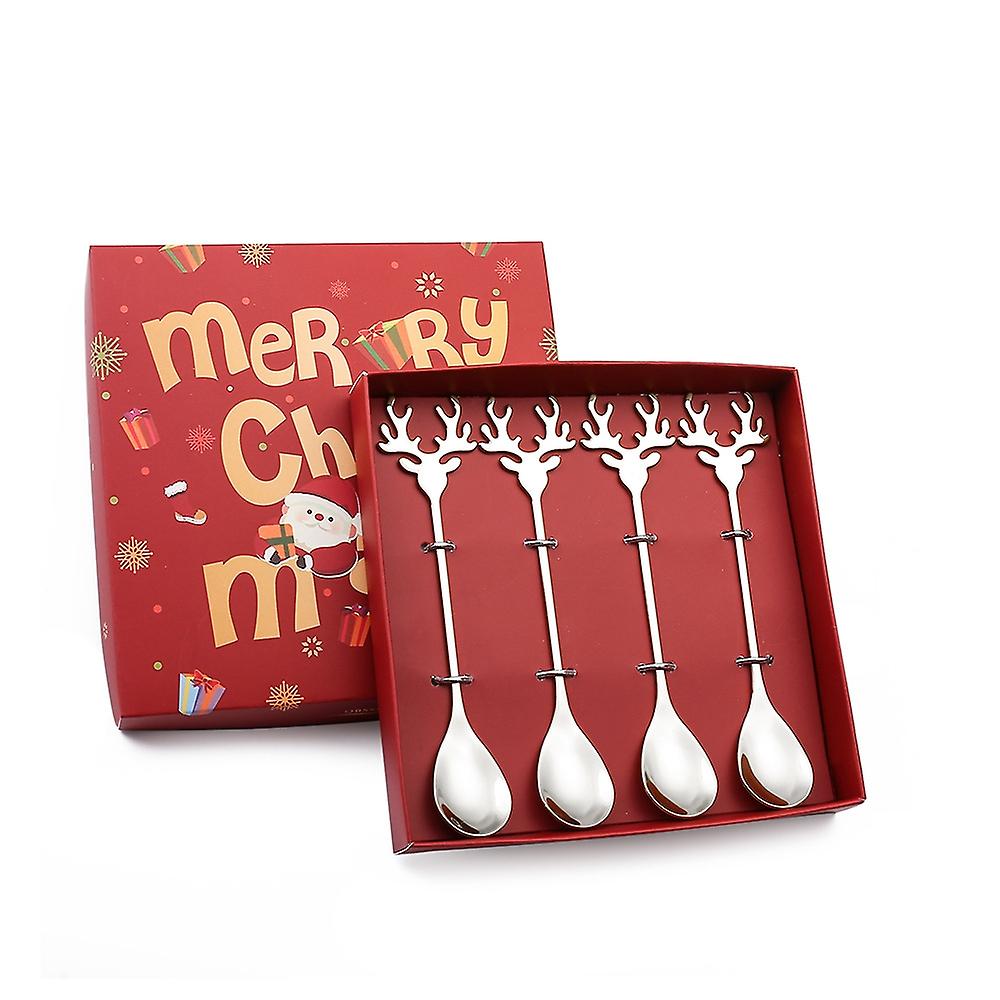4pcs /Pack Stainless Steel Deer Spoon Silver+Red Box