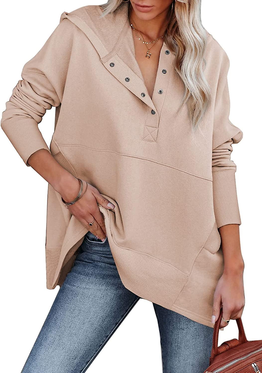 Mulheres Casual Button V Neck Hoodies Oversized Pullover Moletom Com Bolsos
