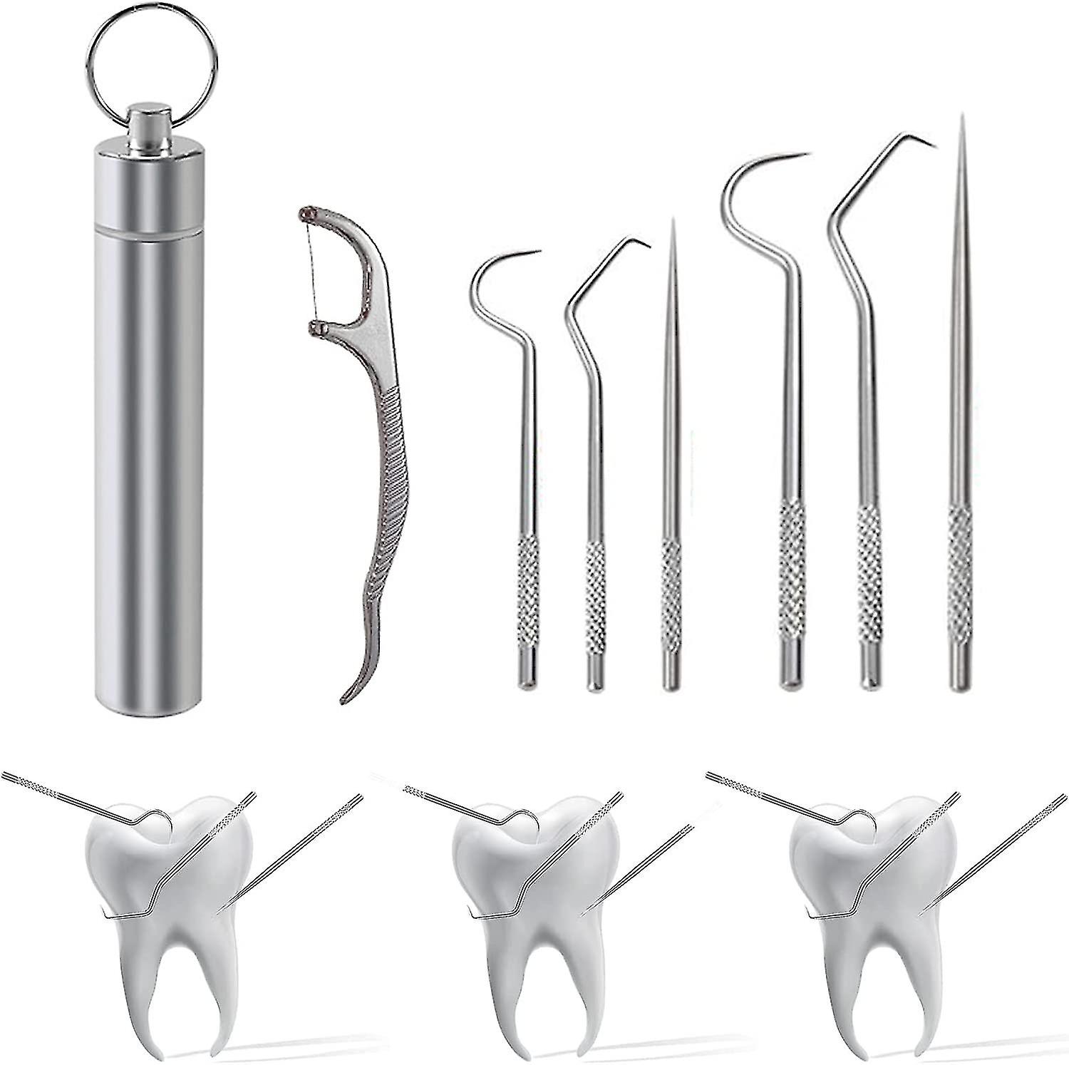 ステンレススチールつまようじセット7個、304ステンレススチールつまようじセット、屋外ピクニックキャンプ旅行用キーリング付き再利用可能な金属つまようじ(1