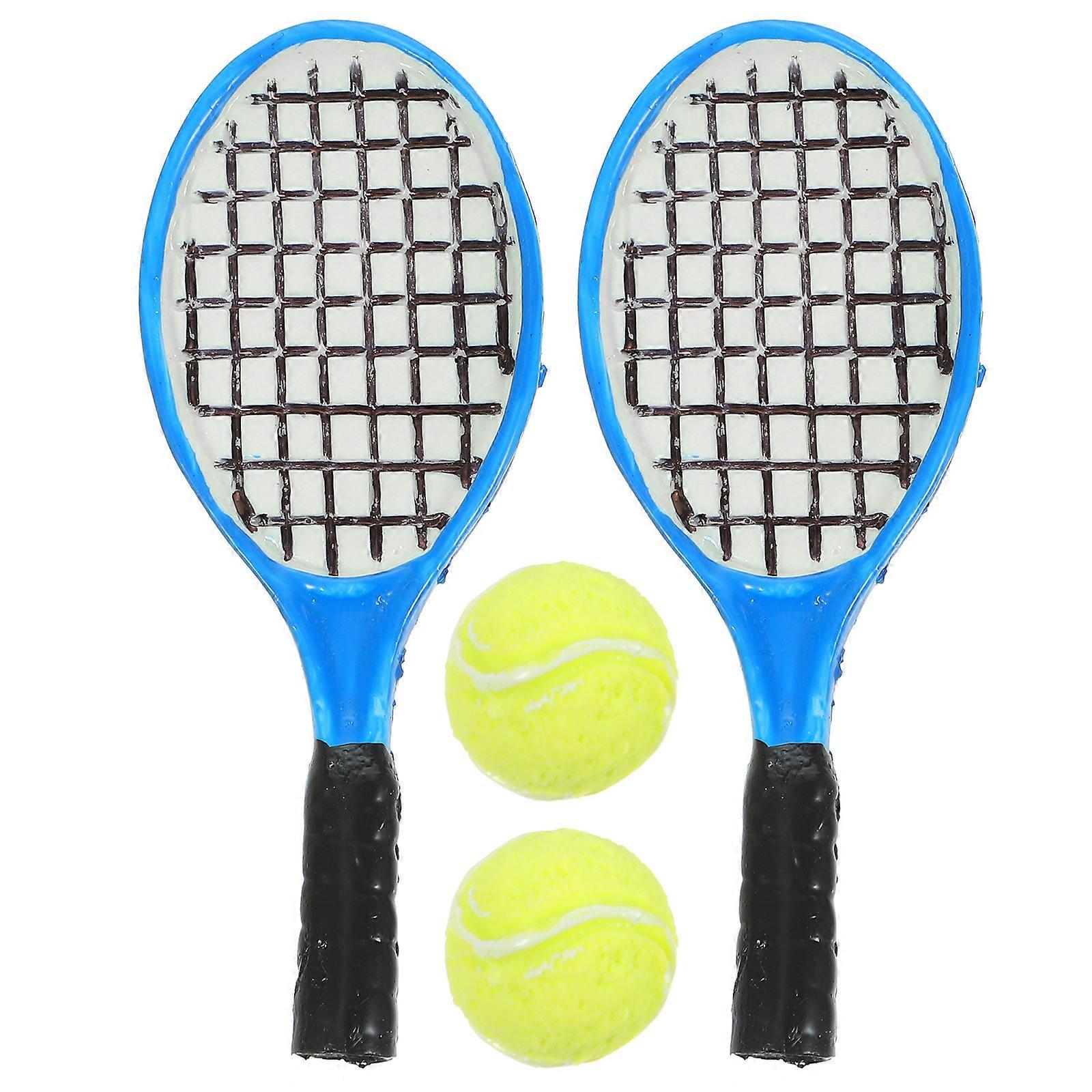4pcs Mini Simulation Tennis Racket Models Home Desktop Decoration Play House Accessary (As Shown, 2pcs Rackets + 2pcs Balls)