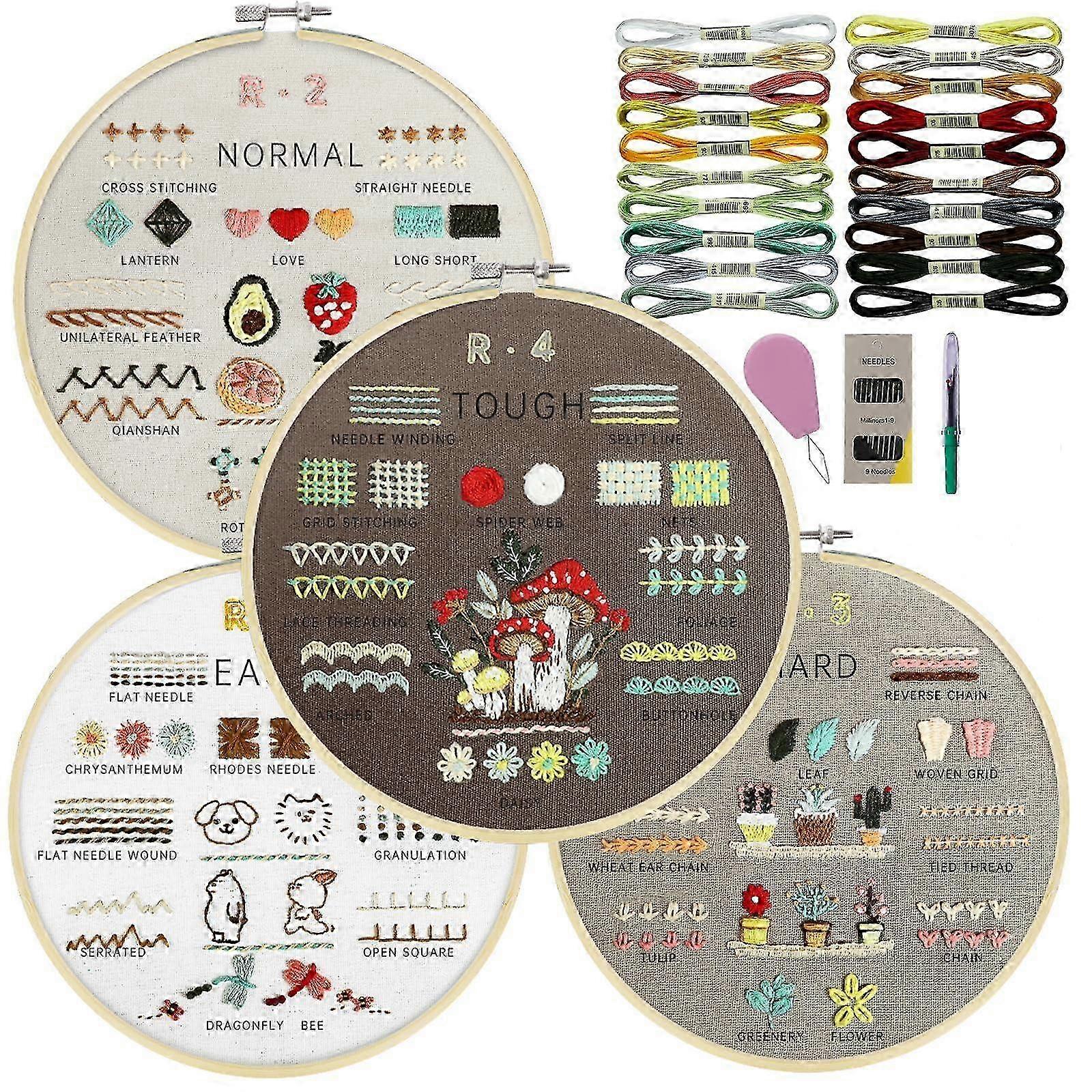 طقم تطريز 4 مراحل للبالغين المبتدئين ، سهل التعلم غرز مختلفة ، مجموعات إبرة مع أنماط تطريز مختومة