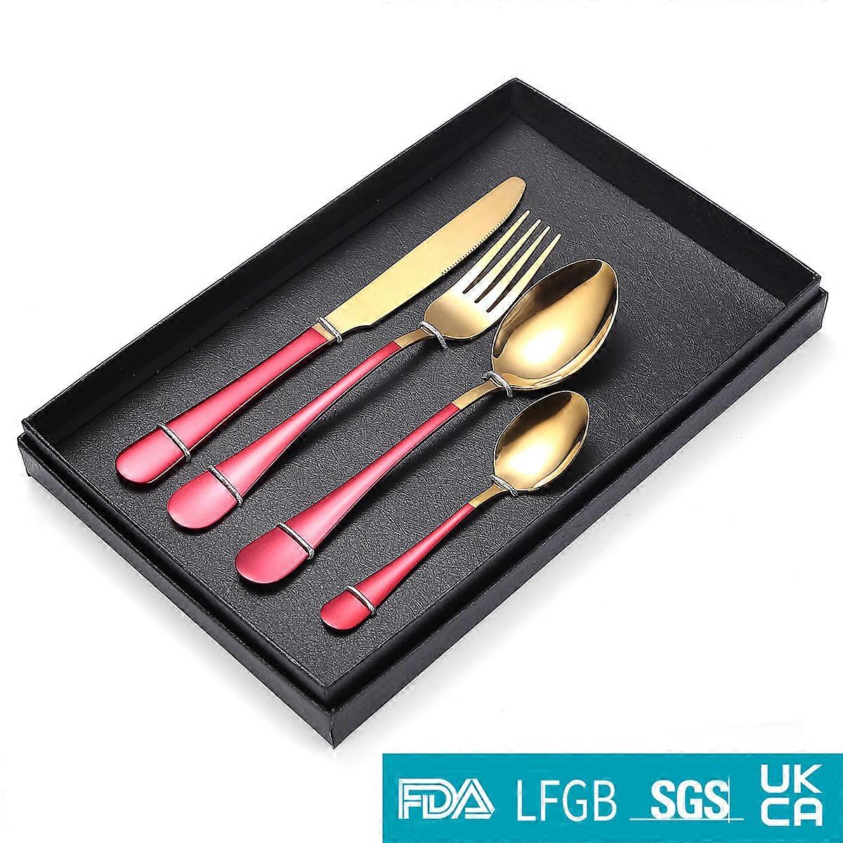 Flatware Set Stainless Steel Cutlery four-piece Tableware Set Red Gold