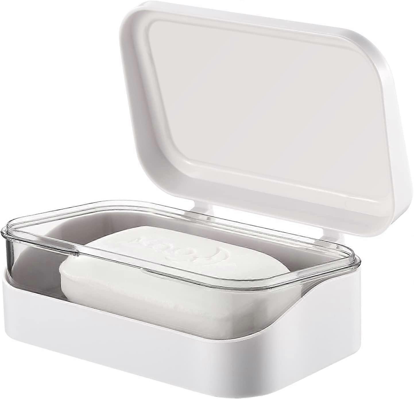 Soap Box with Lid and Removable Drip Tray - Portable - Rectangular Travel Soap Dish - White