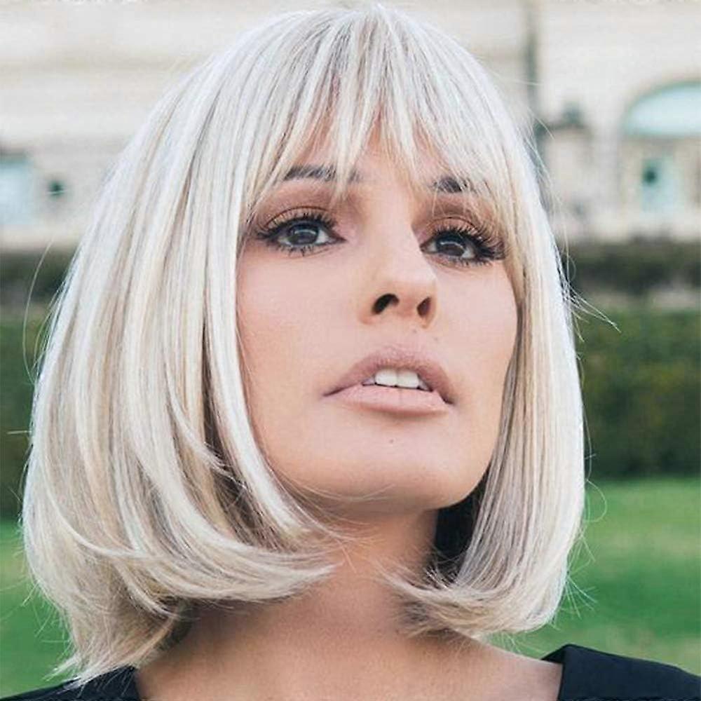 Short White Latex Wig 12 Inches Heat Resistant Synthetic Bangs For Women