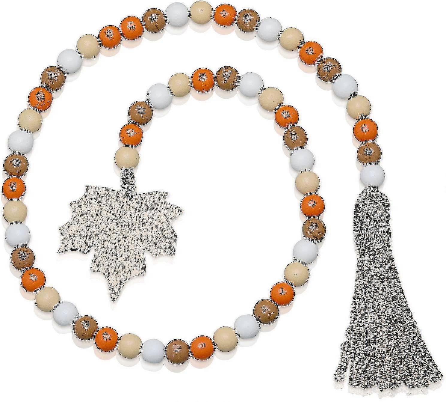 木製ビーズガーランドリースタッセル付き、メープルリーフビーズ付き