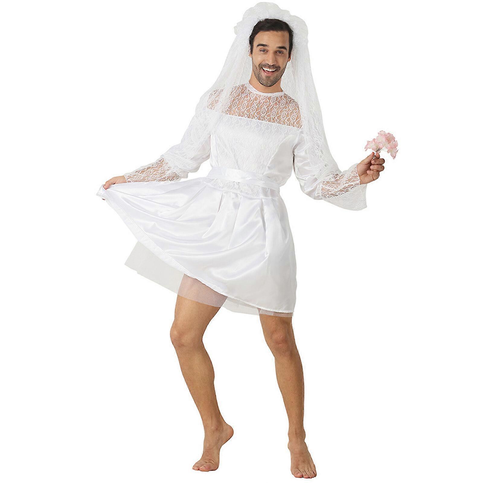メンズウェディングドレス面白い男性白花嫁コスチュームノベルティハロウィーンファンシードレススタッグドヘンナイトパーティーアウト