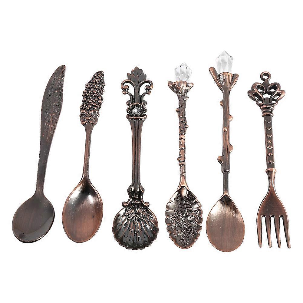 6Pcs/Set vintage μεταλλικά μίνι κουτάλια καφέ και εξαρτήματα επιτραπέζιων σκευών κουζίνας πιρουνιού κόκκινος ορείχαλκος