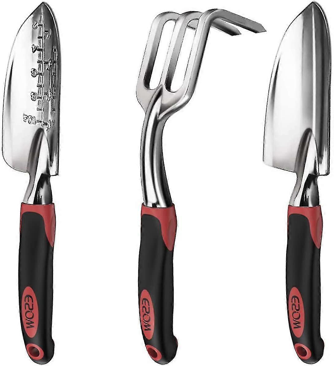 Garden Tool Set, 3-piece Aluminum Gardening Tools With Trowel, Transplanter And Hand Rake, Comfortable Soft Non-slip Ergonomic Handle (cherry Red)