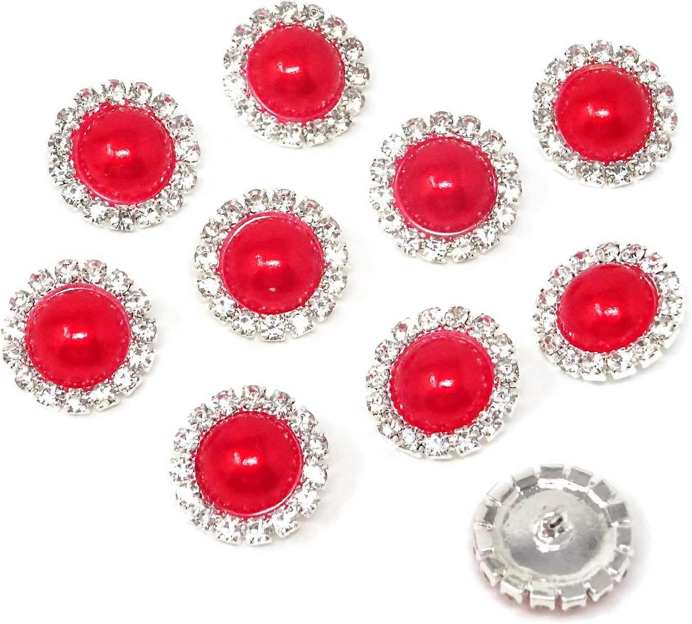 10db, 16 mm-es kerek strasszos műgyöngy gombos díszítések - varrás (piros)
