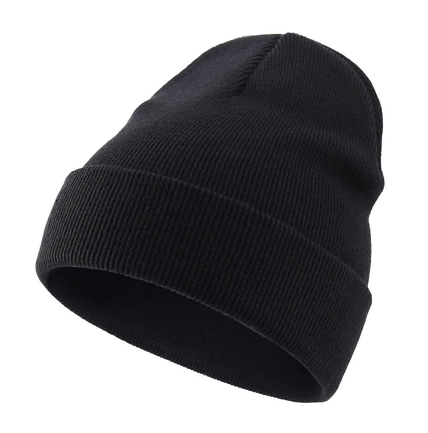 Knit Hat Cotton Cuff Beanie Warm Skull Cap-Black