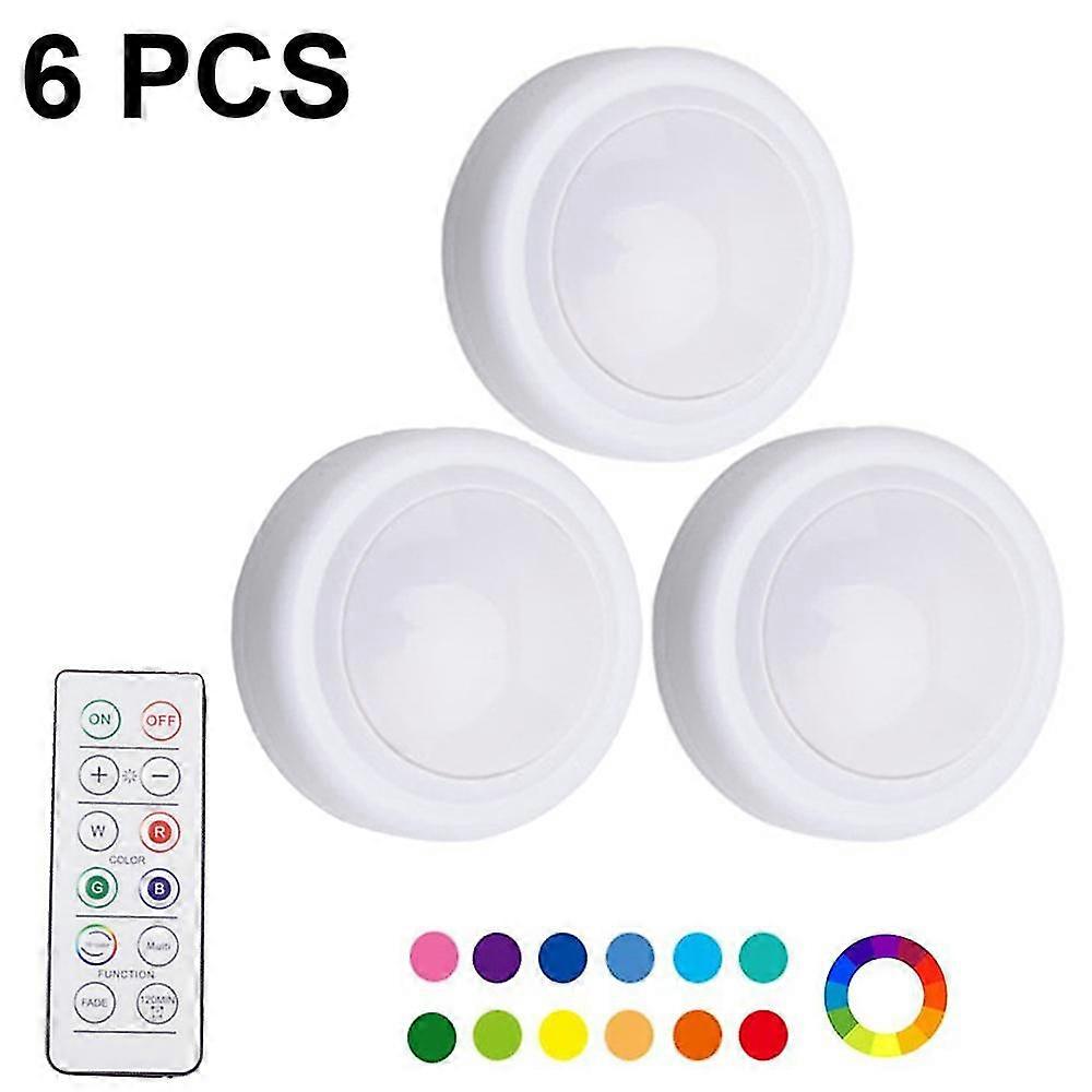 6pcs Night Light With 16 Colors Changeable Led Puck Lightings Battery Powered Dimmable Under Cabinet Lights Wireless, With 2 Remote Controls &