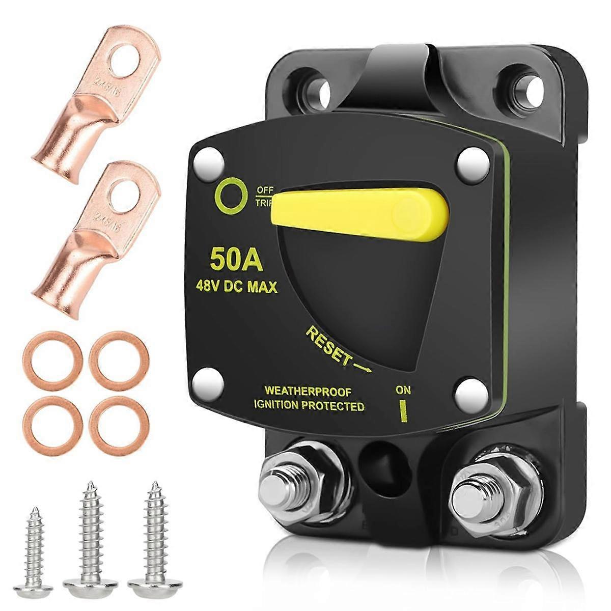 50Amp Circuit Breaker W/Manual Reset Switch DC 12-48V High Amperage,W/Wire Lugs Copper Washer for Car Audio RV Marine