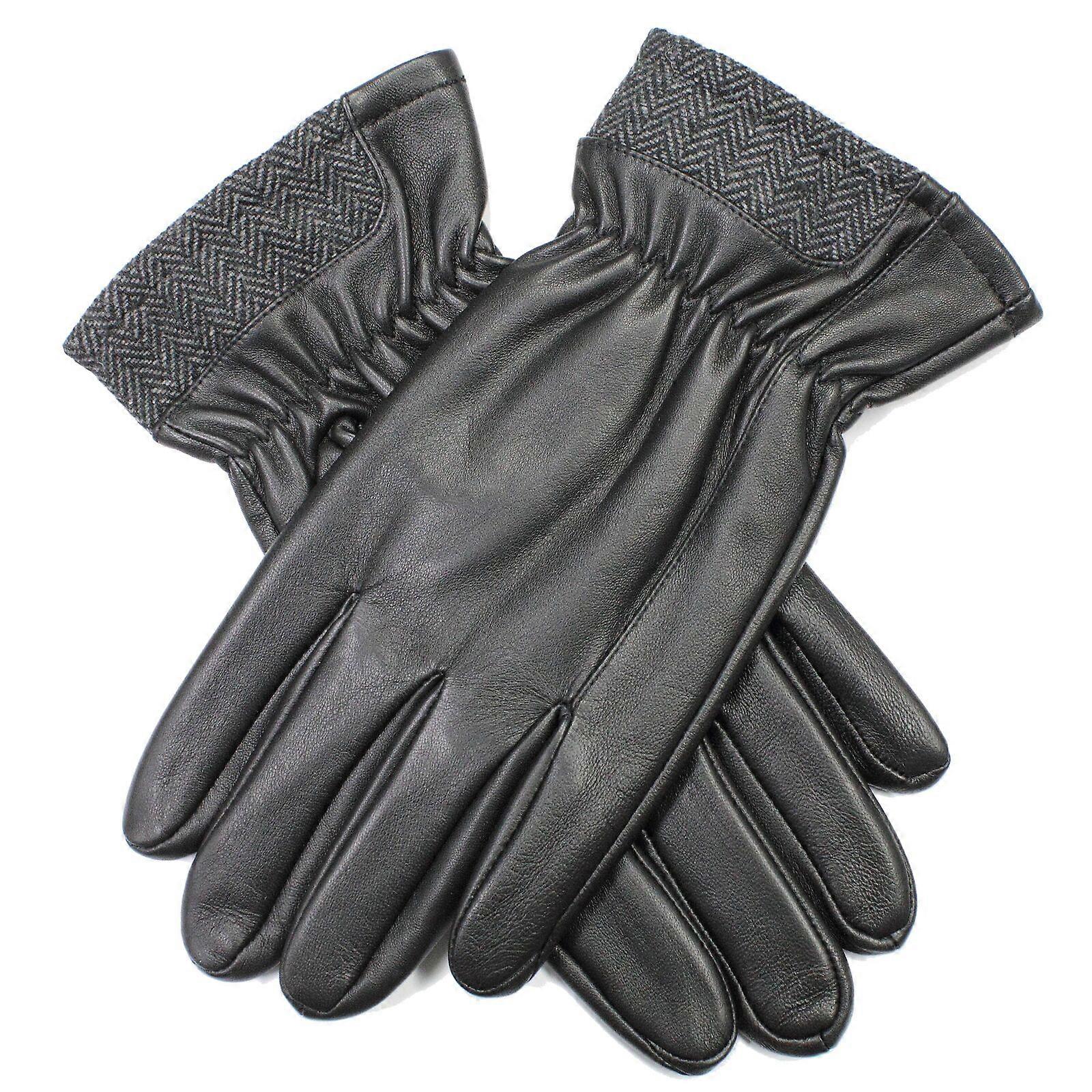 Dents Mens Leather Gloves With Gathered Wrist and Herringbone Cuff