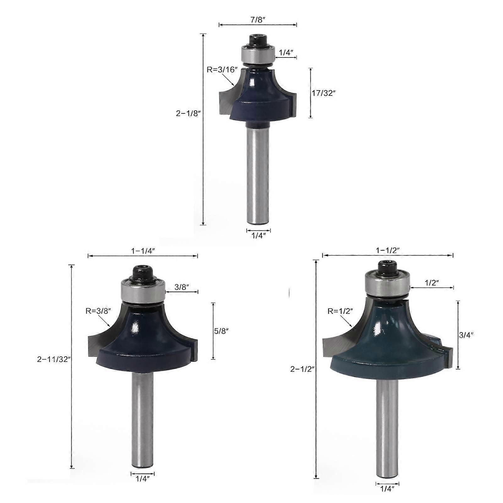 3-Piece Roundover Wood Router Bit, 1/4" Shank, with Bearing