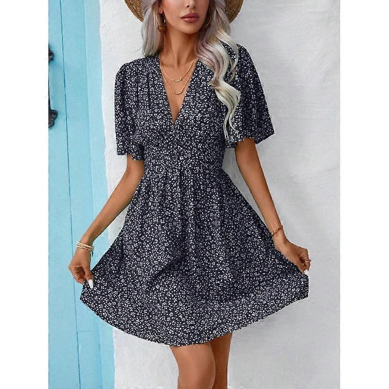YYFS Women's Fashion Summer Spring Flower Pattern Print Short Sleeve V-Neck High Waist Casual Dresses