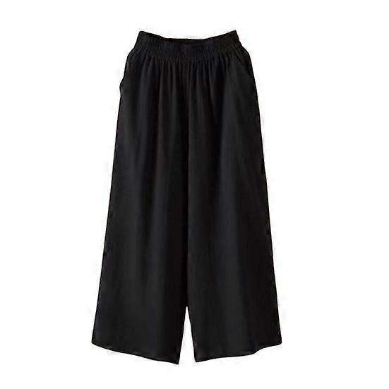Women Cropped Pants Elastic Waist Mid-rise Wide Leg Trousers with Pockets Solid Color Loose Fit