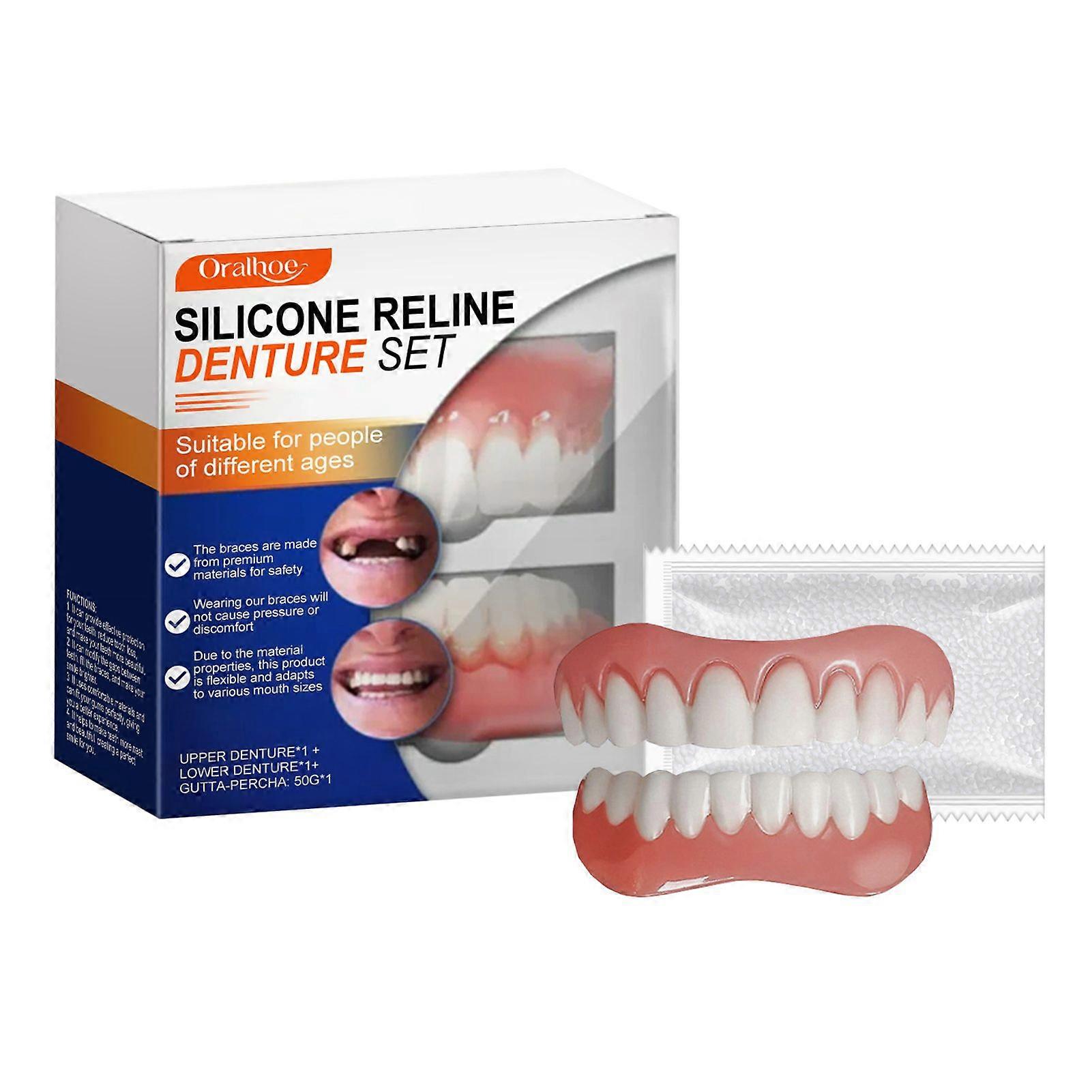 Silicone Reline-Denture Set Removable Temporary Fake Teeth Veneers Reusable Cosmetic Teeth for Men Women