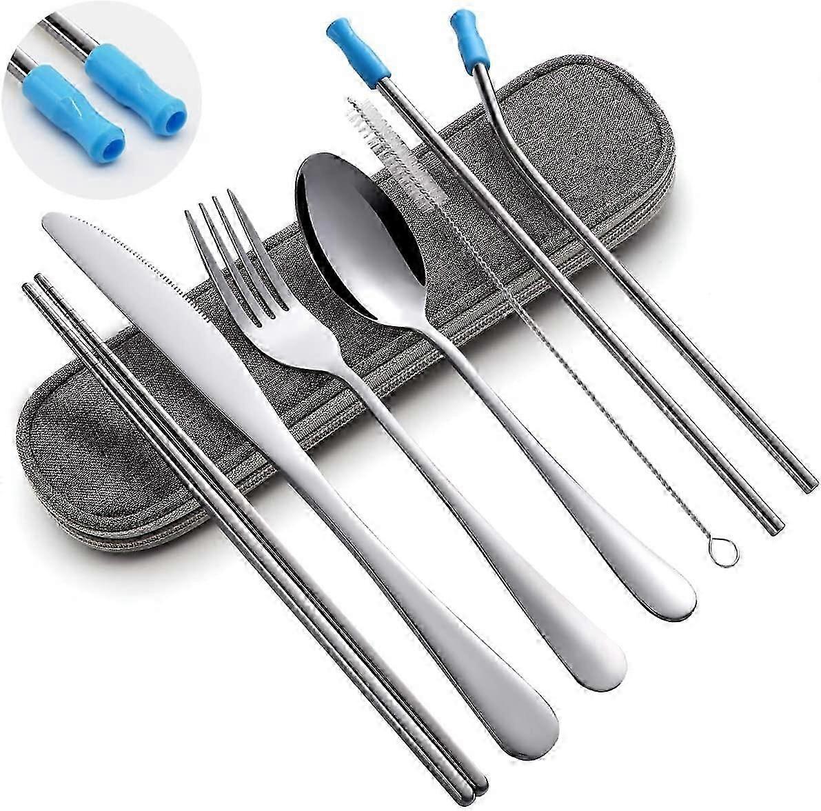 Travel Cutlery Set,Flatware Set Portable Utensils,Silverware Set Reusable Stainless Steel Tableware with Case Camping 8pcs Including Fork Spoon Chopst