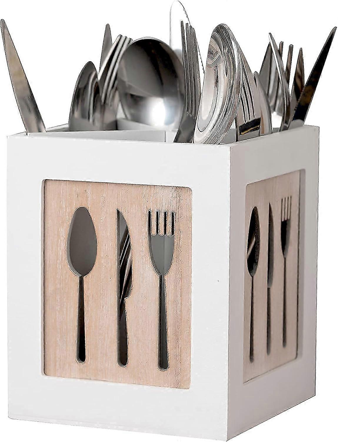 Utensil Holderkitchen Flatware Caddy For Countertop With 4 Compartments Solid Wood Bamboo Organizer