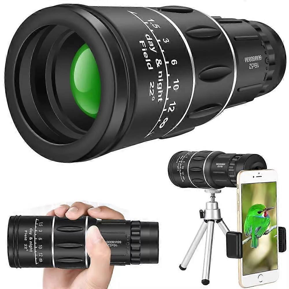 16X52 HD Monocular Telescope, Bifocal Optical Zoom, Tripod and Adapter, Ultra Clear Lens