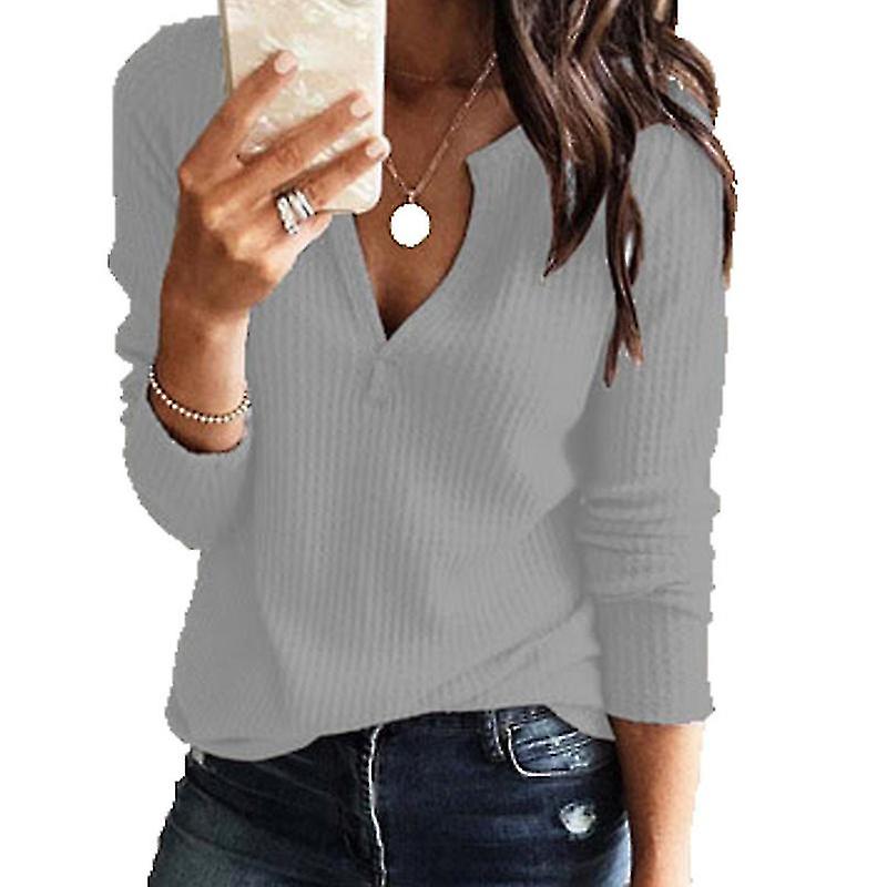 Women Long Sleeve Plain V-neck Pullover Jumper(grey)
