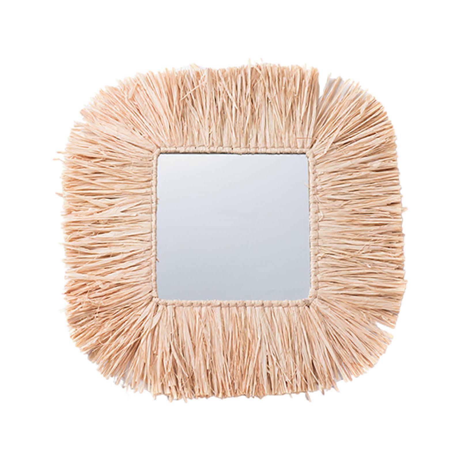 Square Rattan Hanging Mirror Straw Handmade Woven Grass Space-saving Multi-function Decorative Ornament for Bedroom