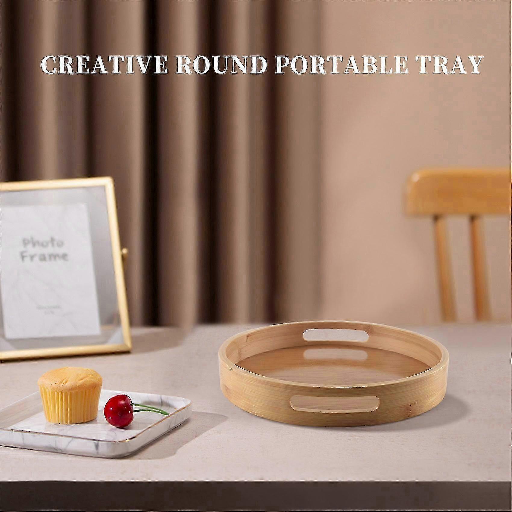 Round Serving Bamboo Wooden Tray for Dinner, Tea Bar, and Breakfast Food Storage Container with Handle