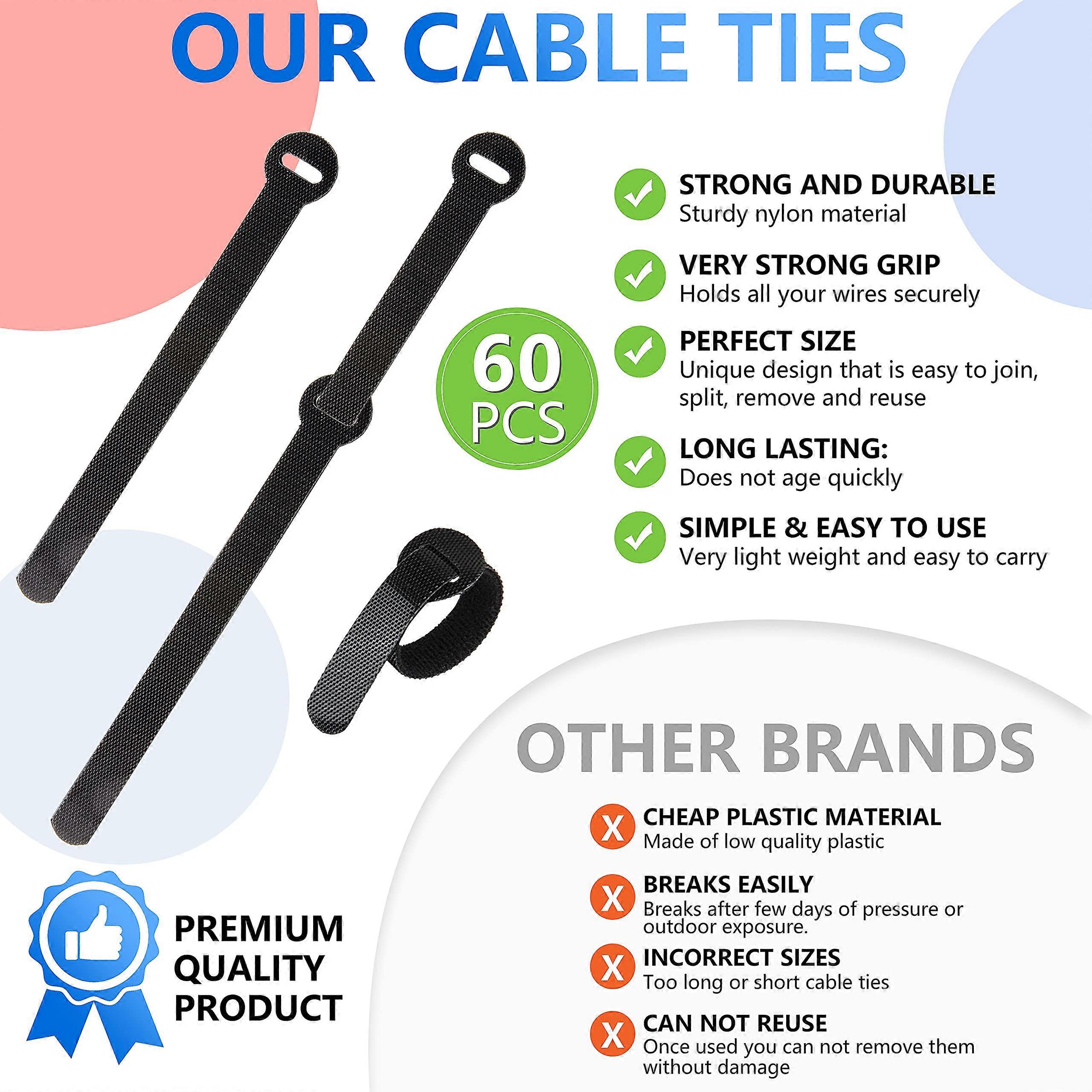 Organizing Cords Adjustable Releasable Hook and Loop Cable Straps for PC Cable Management 60 x Reusable Cable Ties Black
