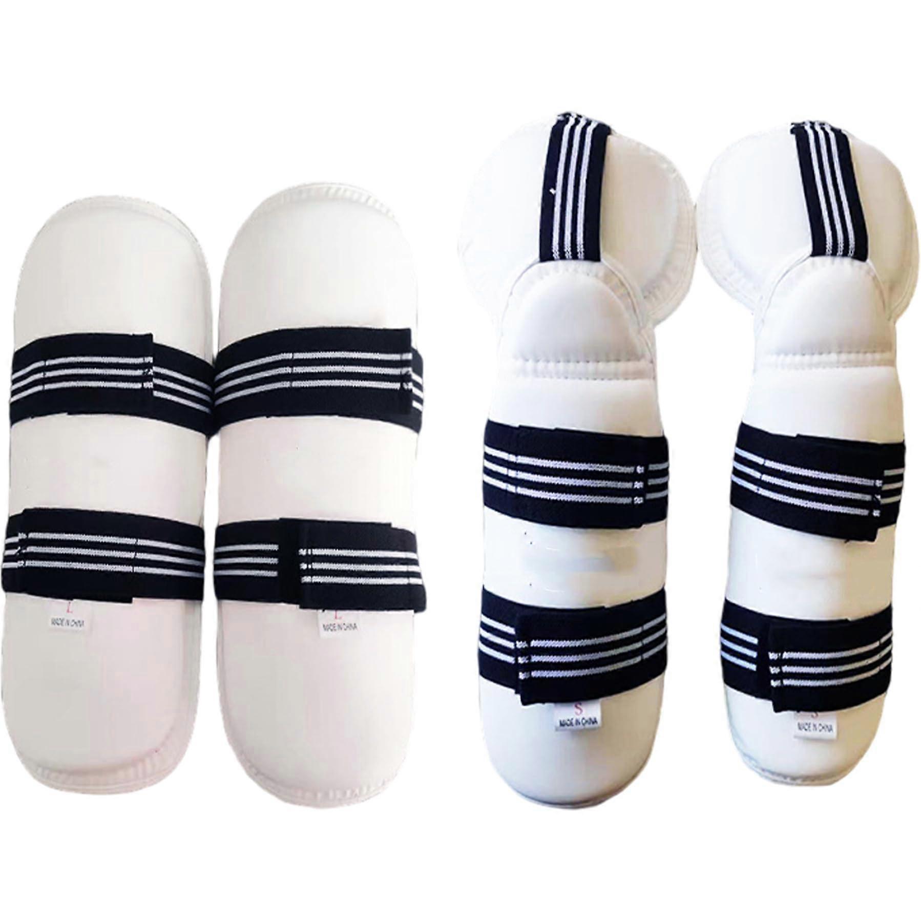 Shin Guards Muay Thai, 1 Set Karate Sparring Gear Protective Spongefilled Pu Taekwondo Sparring Gear Includes 1 Pair Leg Guards and Arm Guards, white