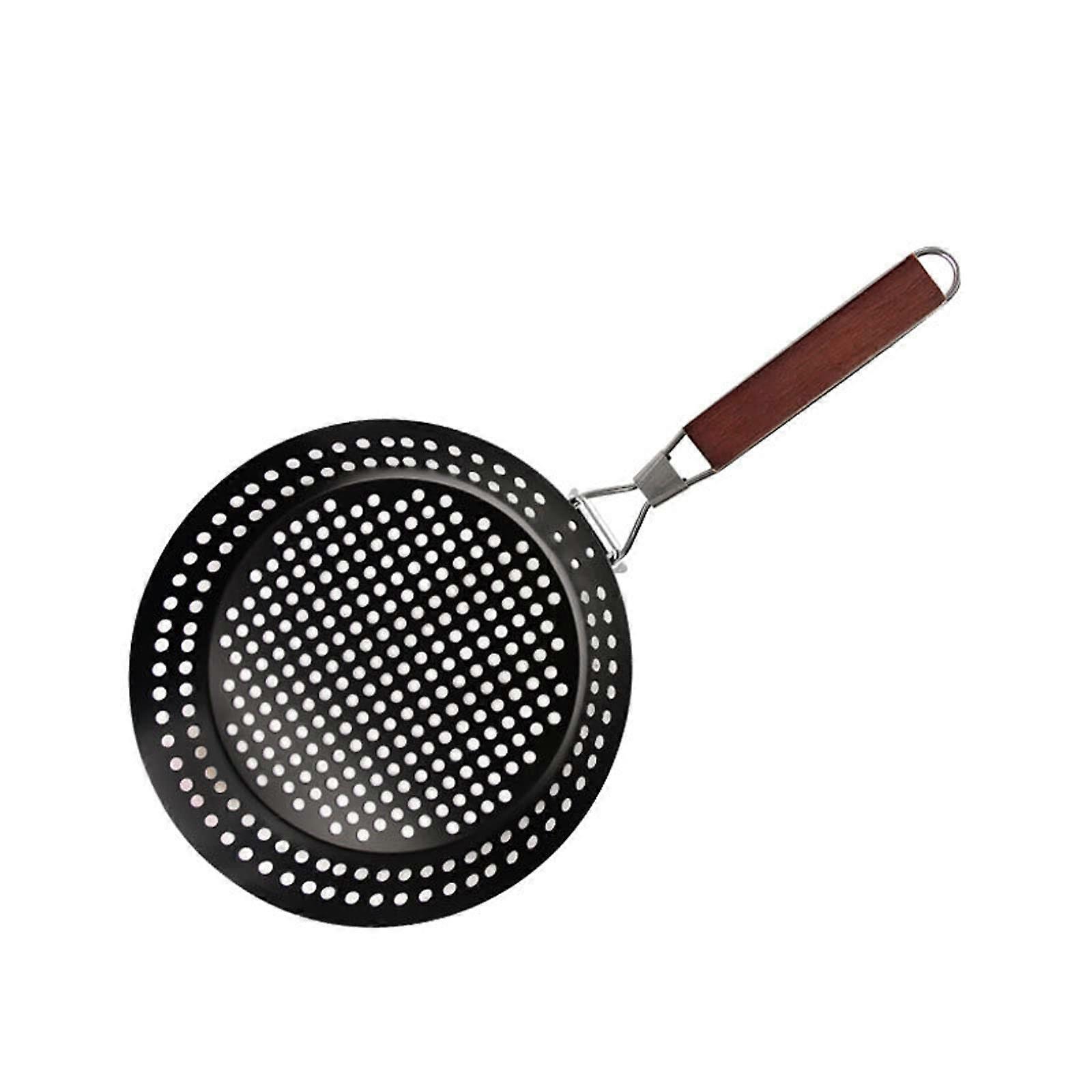 Grill with foldable wooden handle, nonstick pizza grill pan, camping cookware for picnics, outdoor grilling activities Ref: 4967