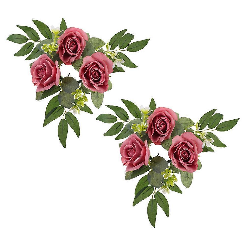 Artificial Wreath Rose Candle Holder Decor Realistic Looking Cloth Material 2Pcs
