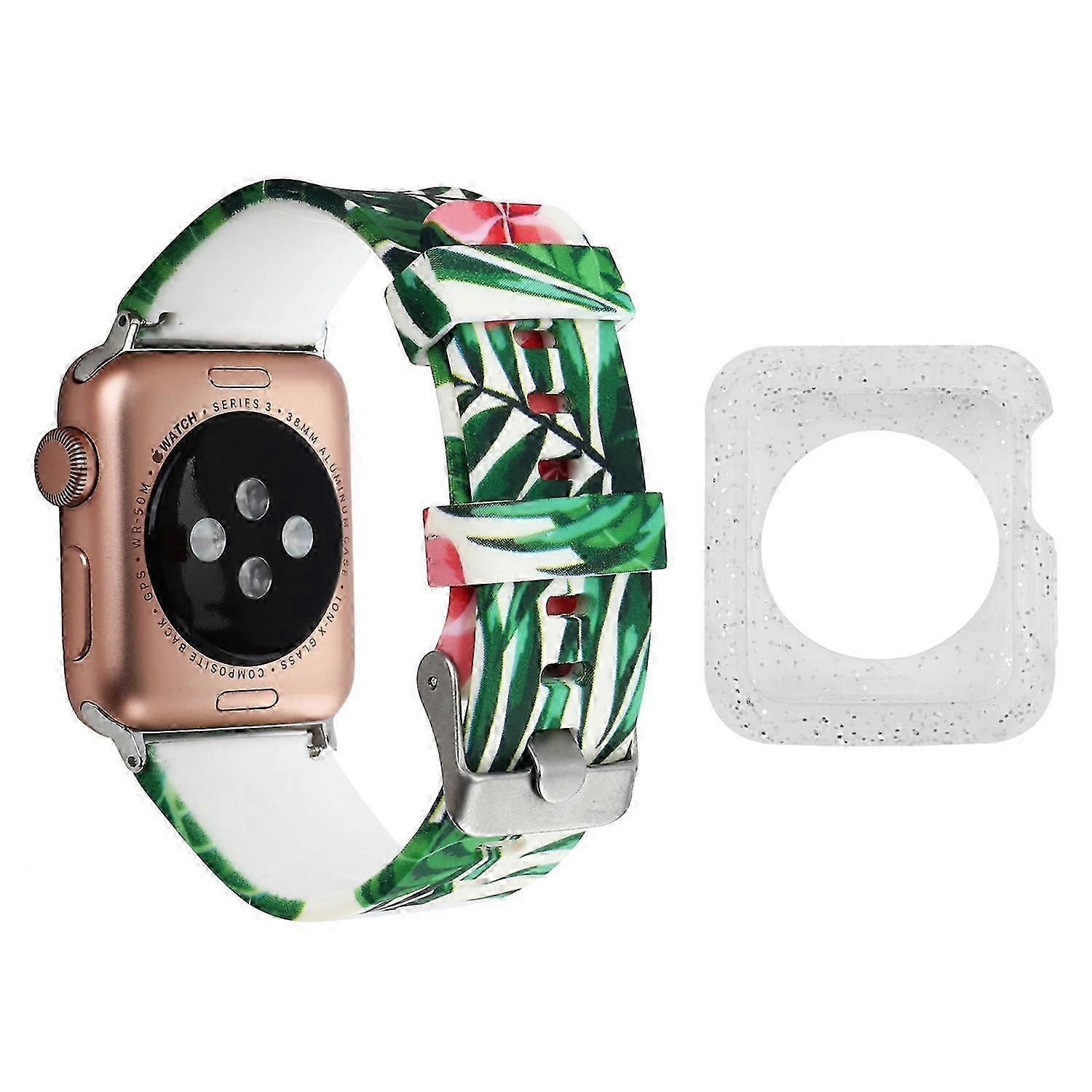 Silicone Watch Band with Pattern Print and Silver TPU Case for Compatible with Apple Watch Series 1/2/3 38mm