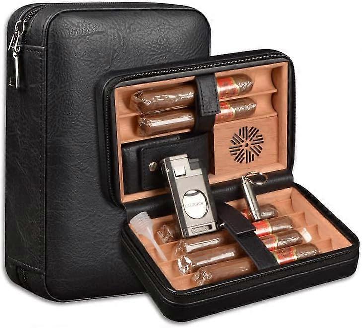 AURA 6-Finger Leather Cigar Travel Cigar Case with Triple Flame Cigar Lighter, Cigar Punch and Dropper, Gift Box Storage Box (Black)