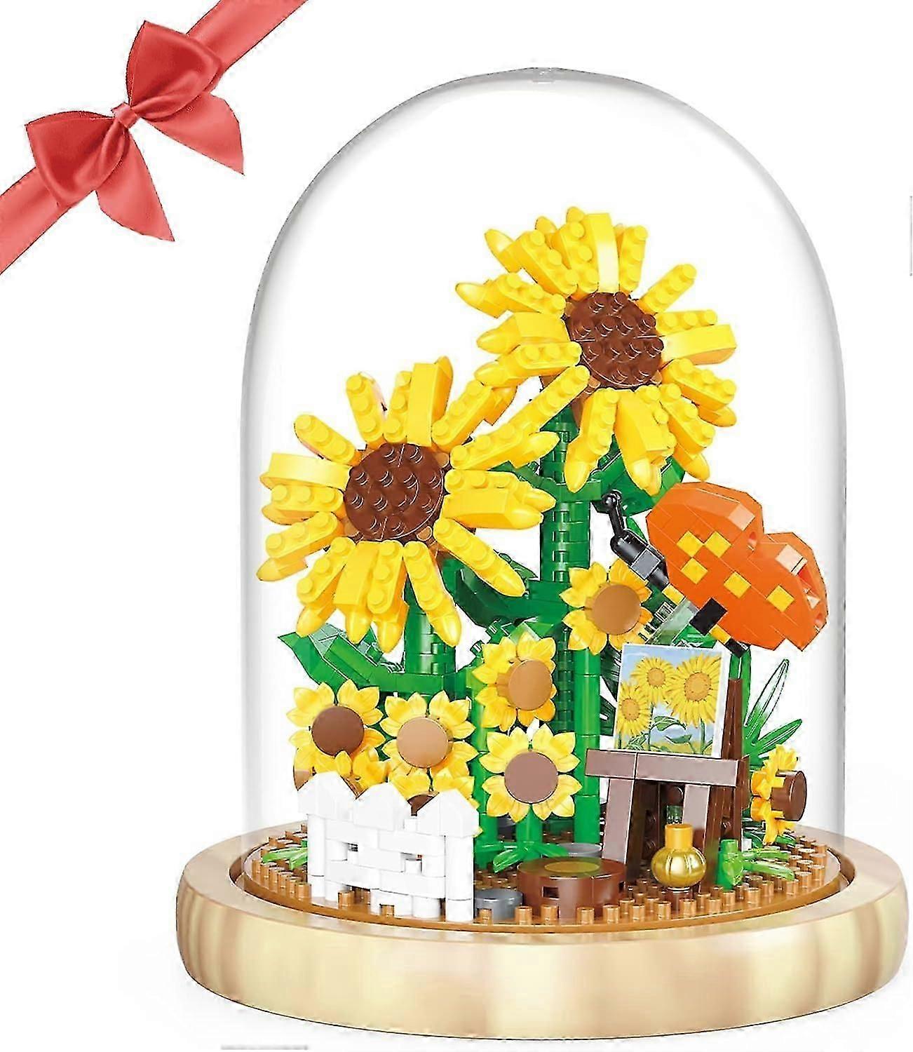 Bouquet Building Kit, Building Block Artificial Flower Set with Dust Cover, Adult DIY Mini Building Block Plant Collection Decoration (Sunflower)