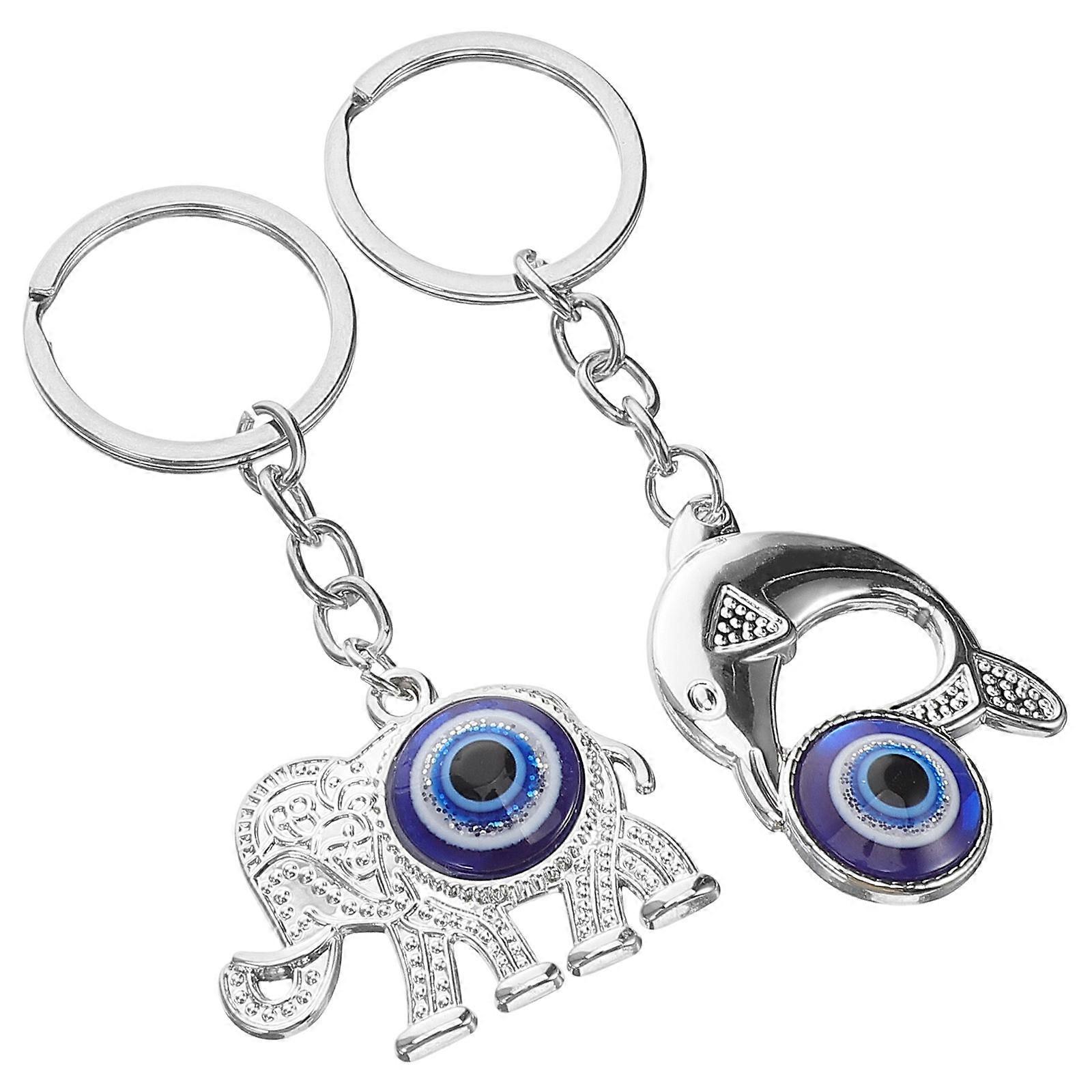 2pcs Animal Shaped Key Ring with Blue Evil Eye Pendant, Lightweight Elephant Dolphin Hanging Charm for Keys and Backpacks, Durable Material Accessory