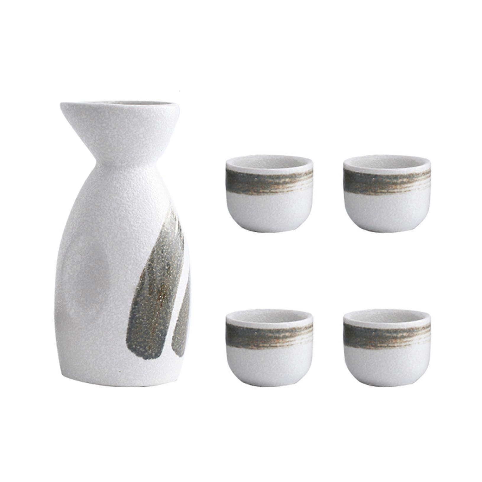 5Piece Small Ceramic Sake Set, Hand Painted Porcelain with 4 Cups, 1 Flask