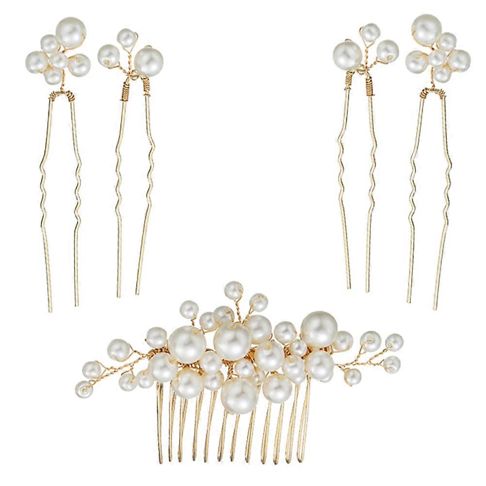 مجوهرات شعر الزفاف زفاف زينة الزفاف دبابيس شعر ذهبية لؤلؤية 8x5.5 سم 1 مجموعة 5 قطع
