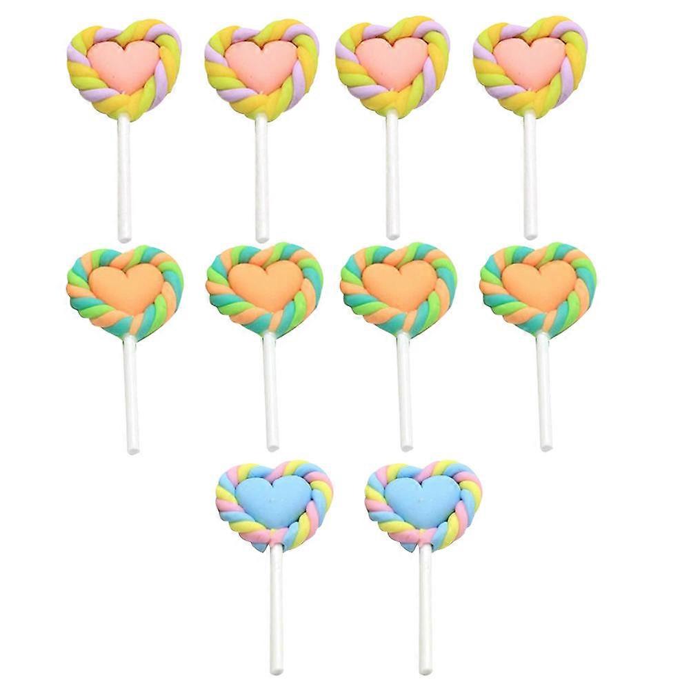Assorted Color Heart Shaped Polymer Clay Lollipop Crafts for Kids Photography Decoration 10PCS