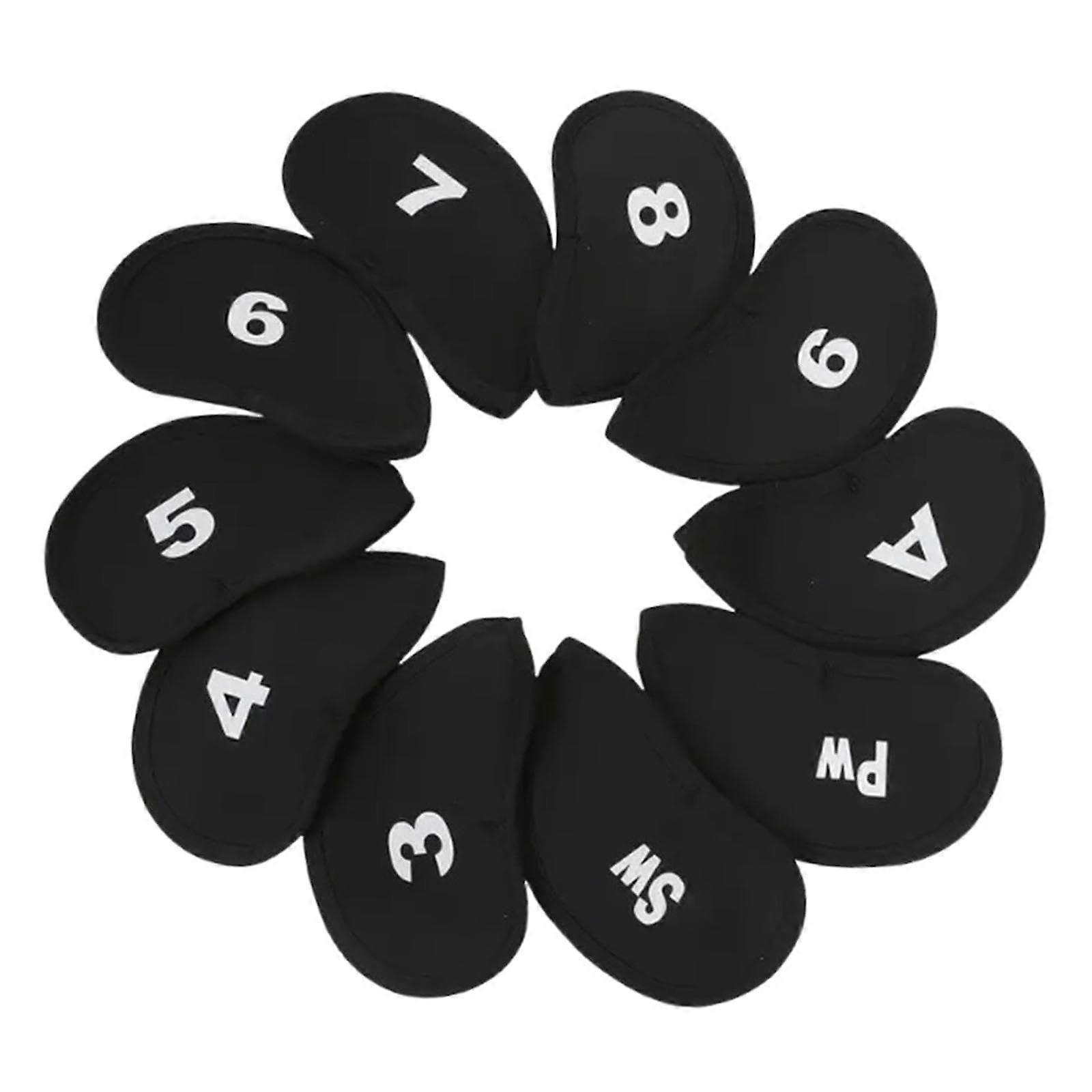 10 pieces golf iron head covers, golf club head covers, accessories, wearresistant, universal neoprene protective covers black Ref: 9169