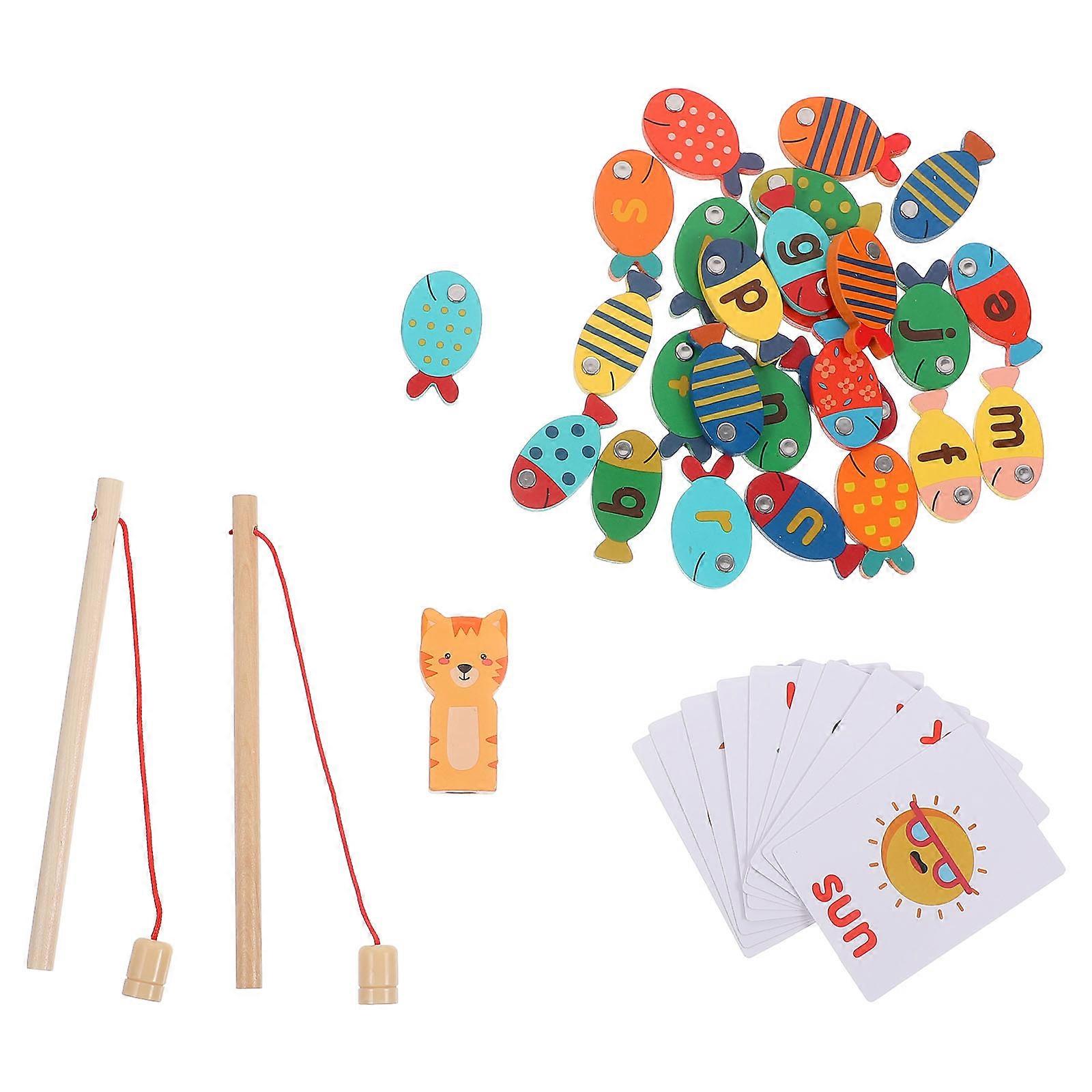 Wooden Fishing Toy Set Spelling Game for Kids Language Skills Enhancement Assorted Color 8.5×8.3×1.1in Educational Toy 1Set